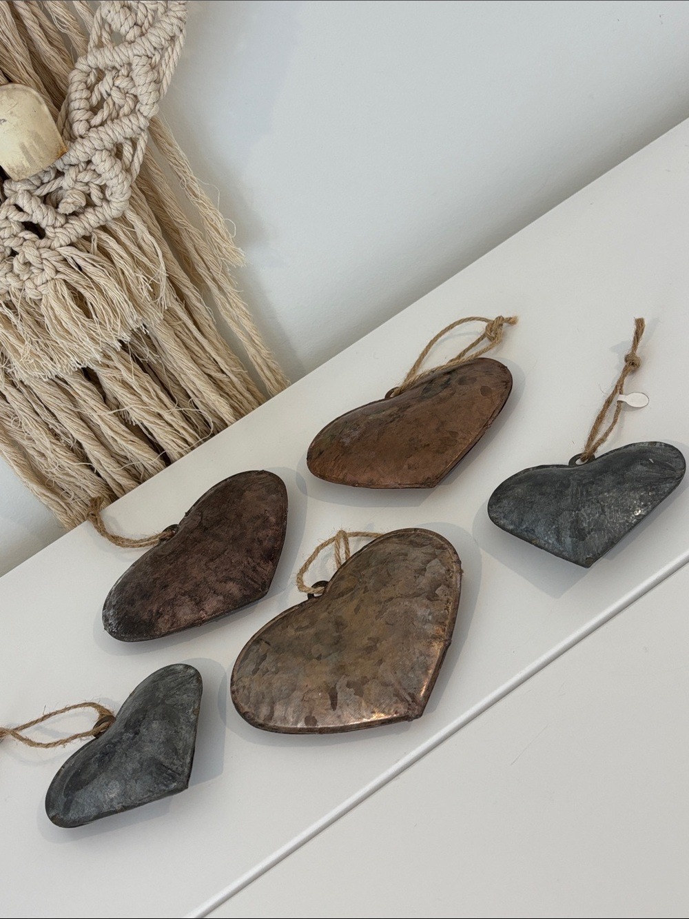 Metal Puffed hearts SET OF FIVE hanging decor ornaments copper & silver colour
